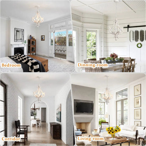 Farmhouse Rustic Wooden Chandelier With Four Lights In Antique White Finish shown in bedroom, dining room, corridor, and living room