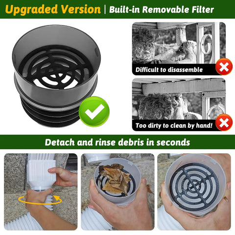 2 Pack Gutter Downspout Extensions 138 Inches With Filter, Flexible Corrugated Gutter Pipe, rain diverter filter installation.