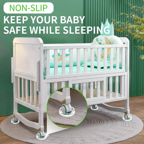 Straight Up Floor Savers Round Rubber Furniture Caster Cups 12 Piece Set Clear Non Slip Chair Coasters protecting a baby crib.