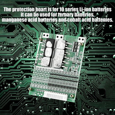 Heavy Duty 10S 36V 35A BMS Protection Board For LiFePO4 Battery Packs With Kickass No Fuss Wiring And Built In Smart Balancing Heatsink on circuit background.