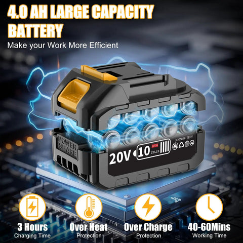 Heavy Duty Brushless Cordless Impact Wrench With 4 Amp Hour Battery, 20V lithium-ion battery with 4Ah capacity and protective features.