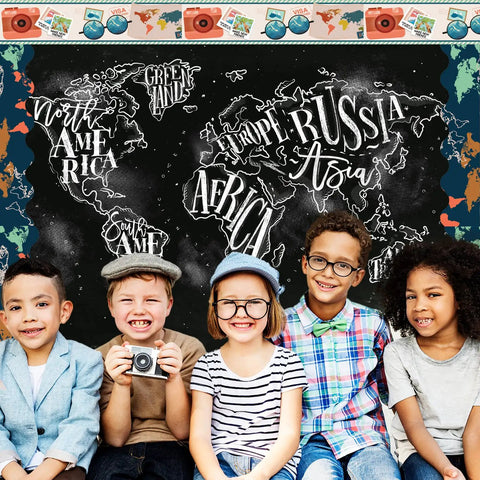Children in front of a blackboard with world map and Travel World Map Bulletin Board Borders 70.8Ft Set Of 72 Pieces