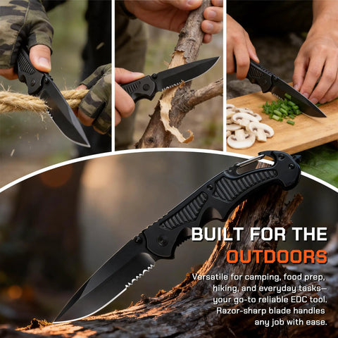Compact Folding Pocket Knife With Aluminum Handle And Stainless Steel Blade cutting rope and wood, ideal for camping and hiking