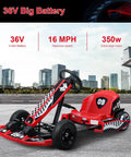 Kids 36V Electric Drift Go Kart With 350W Motor And 16 MPH Top Speed on city street with buildings in background