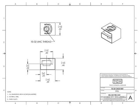 Top Notch Twenty Pack Black Cage Nuts With 1032 Threads And Three Quarter Inch Quadrex Drive Screws Paired With Nylon Washers An Awesome Heavy Duty Bundle For Server Rack Rails And AV Cabinet Setup technical drawing showing dimensions.