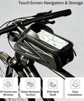 Super Cool Water-Resistant Bike Phone Mount Bag For Happy E-Bike Offroad Mtb With Hd Touch Screen Window To Navigate And Handle Calls On The G mounted on handlebars with phone map visible