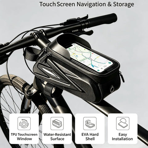 Super Cool Water-Resistant Bike Phone Mount Bag For Happy E-Bike Offroad Mtb With Hd Touch Screen Window To Navigate And Handle Calls On The G mounted on handlebars with phone map visible