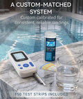 Keep Your Swim Spot Looking Sharp With This Digital 7 In 1 Water Test Kit Delivering Snap Results For Chlorine Bromine pH Alkalinity And Hardness While Covering All The Bases Smoothly Inside, showing a digital tester, water glass, and test strips.