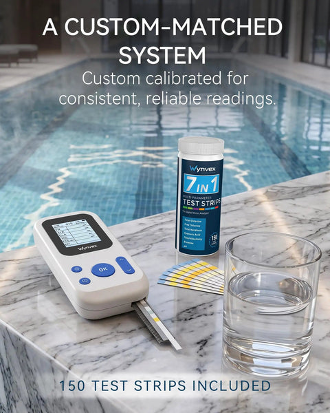Keep Your Swim Spot Looking Sharp With This Digital 7 In 1 Water Test Kit Delivering Snap Results For Chlorine Bromine pH Alkalinity And Hardness While Covering All The Bases Smoothly Inside, showing a digital tester, water glass, and test strips.