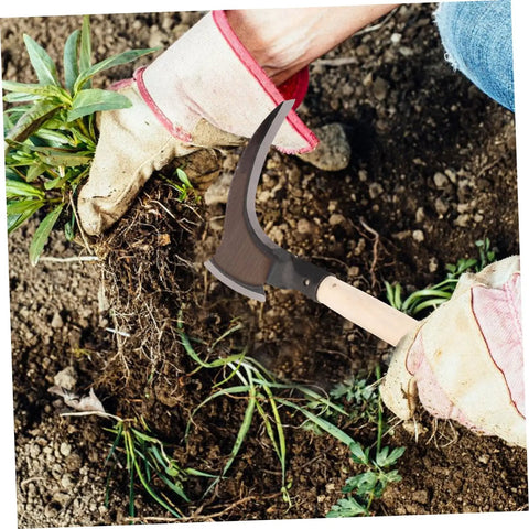 Gardener using Multipurpose Manganese Grass Sickle With Handle Ergonomic Gardening Tool For Weeding Cutting And Harvesting