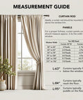 Measurement guide with beige curtains on a rod, window width chart for curtain panels, and plant decoration