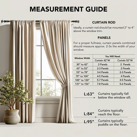 Measurement guide with beige curtains on a rod, window width chart for curtain panels, and plant decoration
