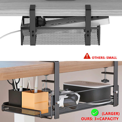 Under Desk Cable Organizer And Desktop Cord Keeper With Versatile Wire Management Box For Computer Setup, large black mesh under desk storage.
