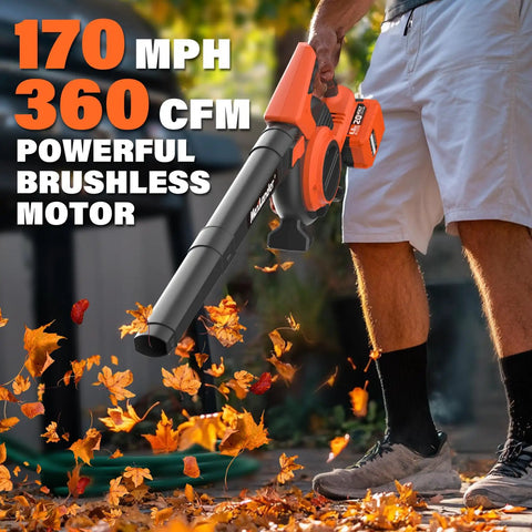 Person using Cordless Leaf Blower Vacuum Mulcher 3 In 1 With Bag 40V Power 170 MPH Air 360 CFM 5 Speed Settings Brushless Motor