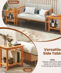 Acacia Wood Outdoor Side Table With Slatted Top And Two Tier Storage Shelf For Backyard Poolside Patio Or Indoor Use Built To Last In Natural Finish No Fuss Durability shown in outdoor and indoor settings.