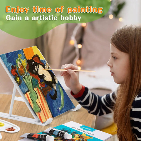 Child painting on canvas using All In One Acrylic Painting Set With 24 Vibrant Paints 8 Brushes 5 Canvas Panels Wooden Stencils