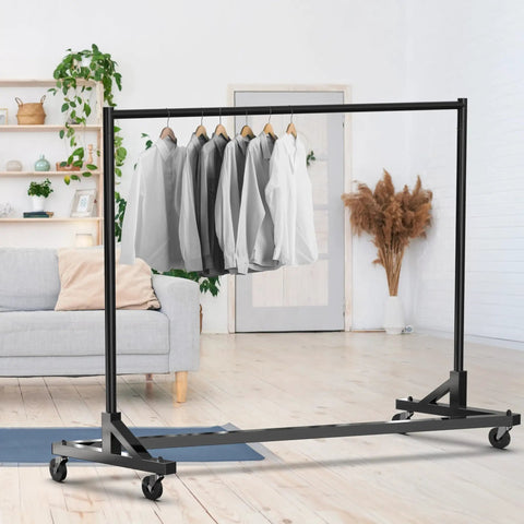Industrial Grade Z Base Garment Rack with Beefy 500 Pound Capacity and 63 Inch Extra Long Bar Black Finish in living room