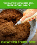 Eco Garden Trowel With Ergonomic Wood Handle 100 Percent Recycled Stainless Steel Blade scooping soil in metal container