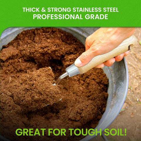 Eco Garden Trowel With Ergonomic Wood Handle 100 Percent Recycled Stainless Steel Blade scooping soil in metal container