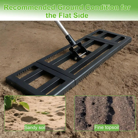 Heavy Duty Lawn Leveling Rake With Adjustable Long Handle Dual Sided Tines With Serrated Side for sandy soil and fine topsoil