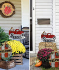 Red Pickup Truck Welcome Sign With Pumpkin Interchangeable Seasonal Yard Stake in garden, showcasing fall decor with flowers and pumpkins