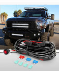 Beefed Up 2 Pack 5 Inch Yellow LED Light Bar Kits shown on truck, includes universal wiring harness kit with 2 leads