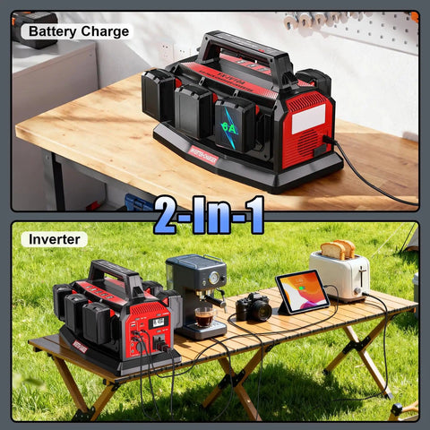 1200W Portable Inverter With 6A Fast Charger And Six USB Ports, Pure Sine Wave Power Hub For M18 Batteries on a table