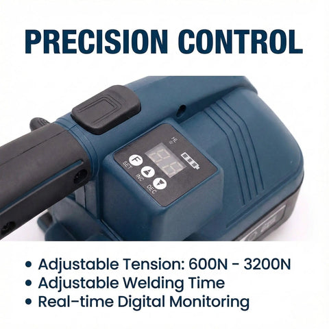 Heavy Duty Portable Electric Strapping Machine With Bright Digital Display And Dual 4000 mAh Batteries For Pet Pp Banding Tools showing precision control features.