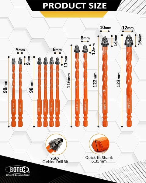 Four-blade serrated eccentric masonry drill bit set; BGTEC 10-piece orange carbide bits, sizes 3/16–1/2 in (5–16 mm).