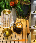 Cordless Led Table Lamp With 4000mAh Battery, 3 Color Modes on wooden table with coffee cup and flowers outdoors