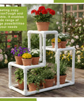 2 Inch PVC Pipes Set Of 6 White Sch40 Industrial PVC Tubes 16.7 Inches Long Each Perfect For Home DIY Garden Greenhouse Farm Workshop And Furniture Builds shown supporting potted plants in a stand.
