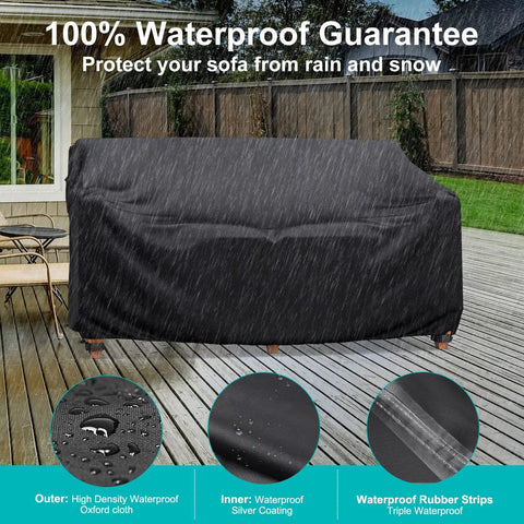 Heavy Duty Waterproof Patio Sofa Cover For 60 Inch Length 34 Inch Depth 30 Inch Height Outdoor Couch Fits Two Seaters With Air Vent And Handles All Weather Black shown protecting an outdoor sofa from rain on a patio.