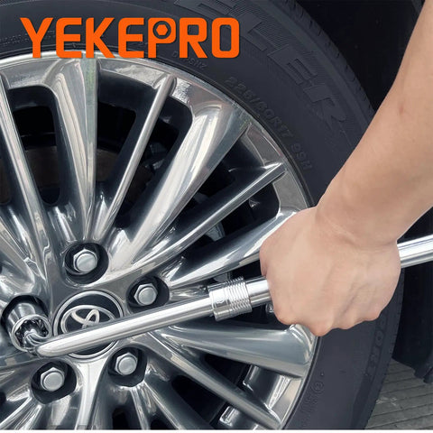 Using Extendable Lug Wrench With Flip Sockets 4 Piece Telescoping Tire Tool Kit Adjustable From 15.2 To 20.7 Inches on car wheel