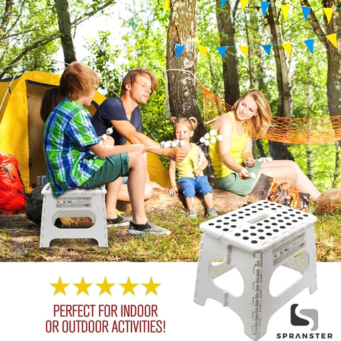 Family camping using Ultra Sturdy Folding Step Stool 11 Inch Open In A Snap, Supports Up To 300 Lb outdoors by campfire.