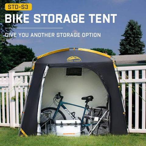Travel Bike Storage Shed Tent With 40 Percent More Top Space Waterproof Portable Bike Shelter in garden with two bikes inside.