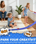 Kids playing with Dual Side By Side 15 Foot Flexible Race Track Set For Kids With Reinforced Suction Cup Flex Tracks Compatible With Hot Wheels Diecast Cars One Sixty Fourth Scale DIY Ramps And Stunts Gift For Boys And Girls Ages Three Plus Blue And Red indoors