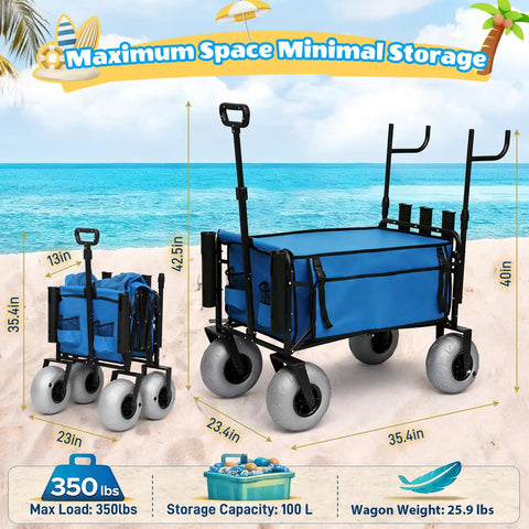 Heavy Duty Beach Fishing Cart For Sand With 9 Inch All Terrain Wheels Foldable Collapsible Wagon With Rod Holders And Side Pockets