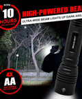 Image of Ultra Bright 1200 Lumen Tactical Flashlight handheld illuminating trees at night with wide beam for camping or security.