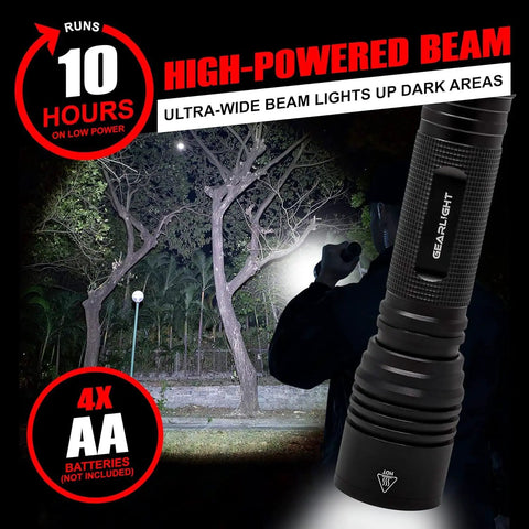 Image of Ultra Bright 1200 Lumen Tactical Flashlight handheld illuminating trees at night with wide beam for camping or security.