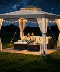 Spacious 10 By 10 Patio Gazebo With Mosquito Netting And Double Roofs Perfect For Backyard Parties And Weekend Hangouts Easy Setup Canopy Shelter For Lawn Use Gray 10x10 Outdoor Garden Shelter lit up at night with seating