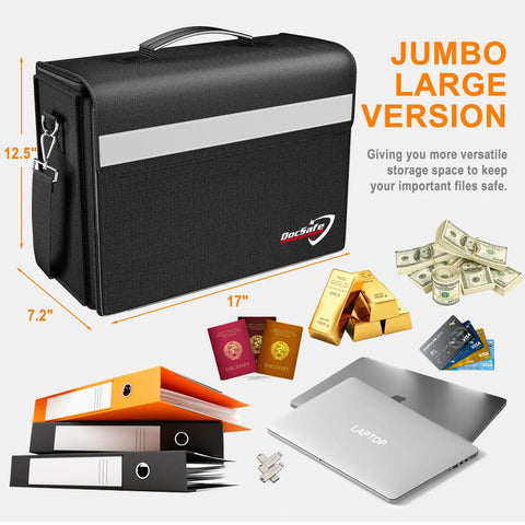 Fireproof Document Bag With Multiple Pockets Large Seventeen Inch By Twelve Point Five Inch By Seven Point Two Inch Waterproof File Organizer for home office valuables, heavy duty travel ready, heat resistant up to 5200 Fahrenheit, shown among valuables like passports and cash.