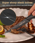 Cutting steak with Eight Piece Steak Knife Set With Stainless Steel Serrated Blades, Rust Resistant Nonstick Coating, Elegant Black Handles
