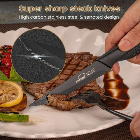 Cutting steak with Eight Piece Steak Knife Set With Stainless Steel Serrated Blades, Rust Resistant Nonstick Coating, Elegant Black Handles
