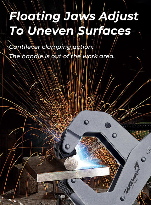 Deep Throat Welding And Fabricating C Clamp With T Handle, Heavy Duty Lever Clamp for welding on metal surface, sparks visible