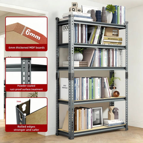 Beefy 5-Tier Heavy Duty Garage Storage Shelving Unit With Extra Wide 46 In W By 20 In D By 72 In H Boltless Steel Rack Holds Up To 3000 Lbs Total Perfect For Garage Workshop Basement Or Warehouse Organization. 5-tier boltless steel shelf with MDF boards and rust-proof finish