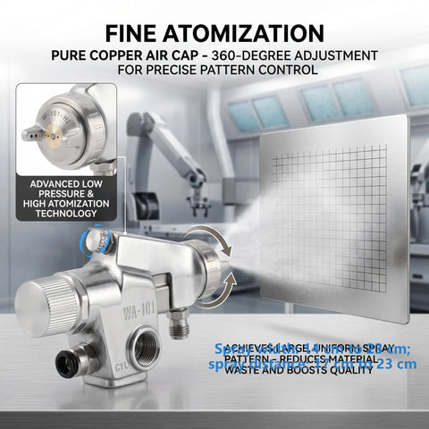 Heavy Duty Pneumatic Paint Sprayer demonstrating fine atomization with pure copper air cap, 360-degree adjustment for precise coating.