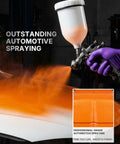 Heavy Duty LVLP Auto Paint Sprayer applying orange paint for pro finish on car bodywork, stainless fluid path highlight.