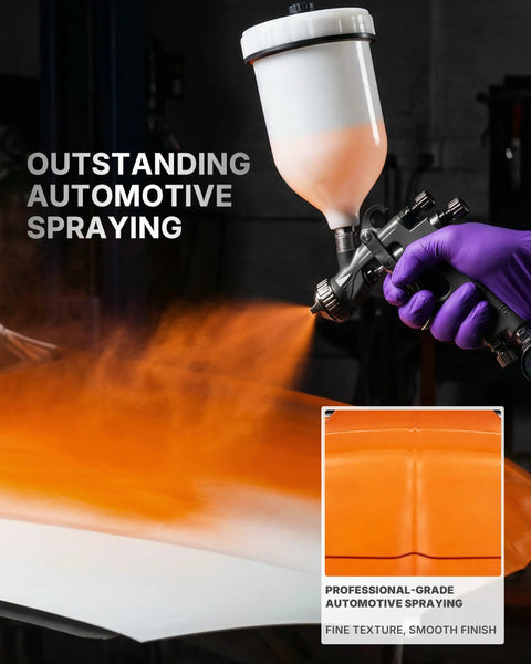 Heavy Duty LVLP Auto Paint Sprayer applying orange paint for pro finish on car bodywork, stainless fluid path highlight.