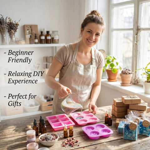 Woman using DIY Soap Making Kit With 3 Silicone Molds 50 Clear Bags 50 Tags 20 Gift Boxes 24 Stickers 65 Ft Jute Twine And Wrapping Supplies For Beginners Party Favors And Creative Handmade Soap Gifts on wooden kitchen table