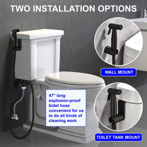 Matte Black Handheld Bidet Sprayer Kit For Toilet With Stainless Steel Sprayer Head, 47 Inch Hose, Brass 7/8 Inch T Valve, Holder, Two Installation Options